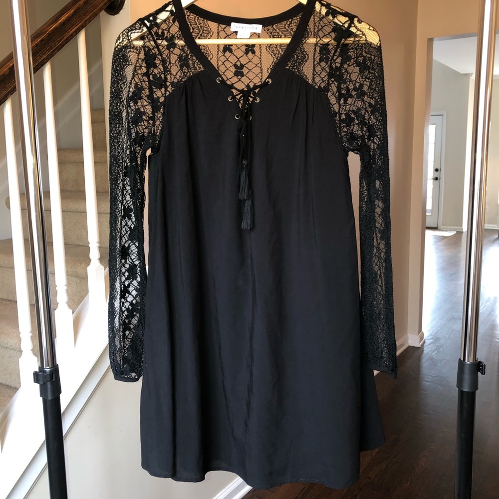 Loveriche Black Shift Dress with Lace Long Sleeves
